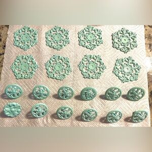 12 Vintage Teal Draw or Cabinet Knobs. 6 background decoration pieces.